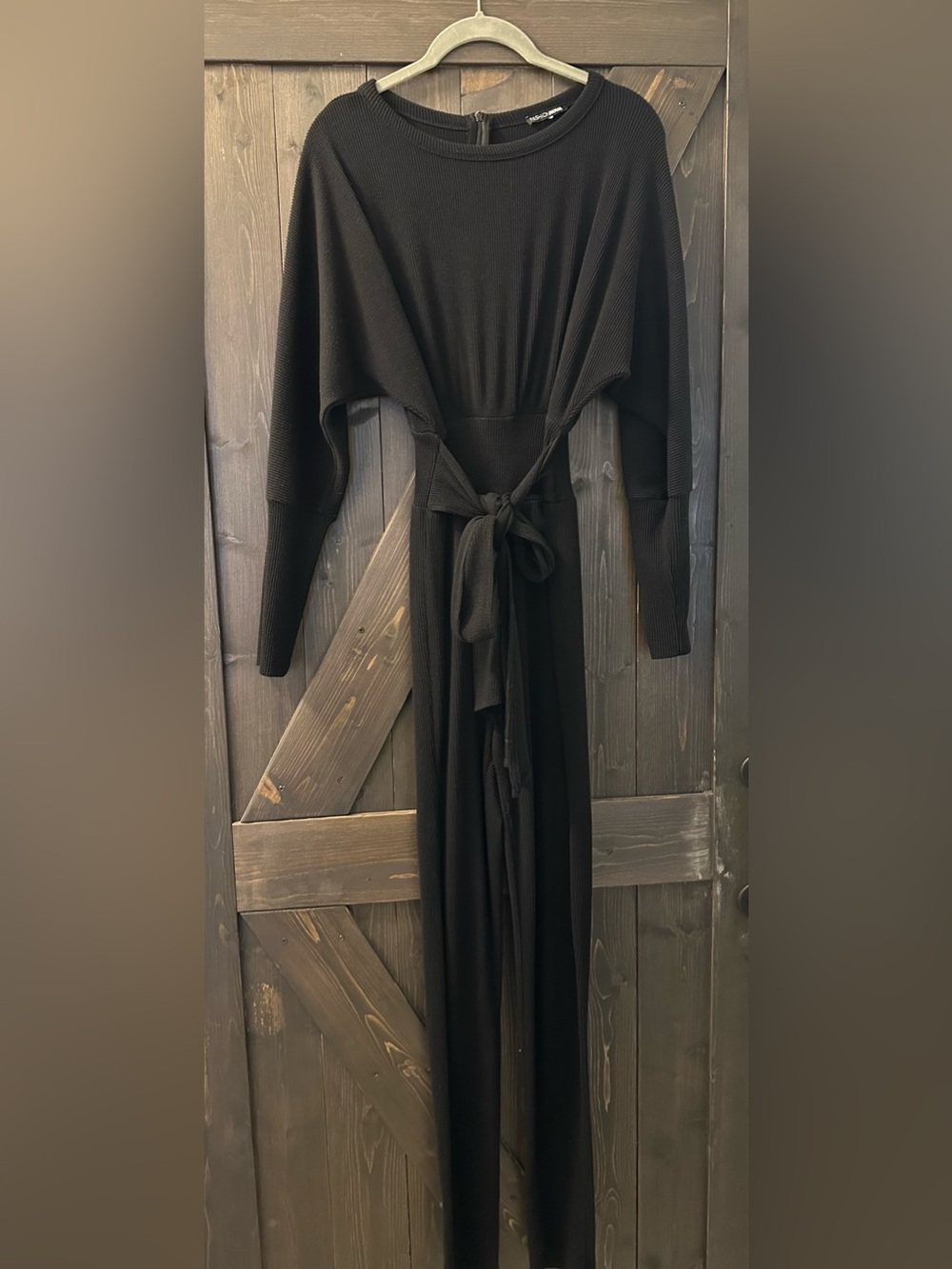 Black Long-Sleeve Knit Tie-Waist Jumpsuit - (See measurements) - No Size Tag